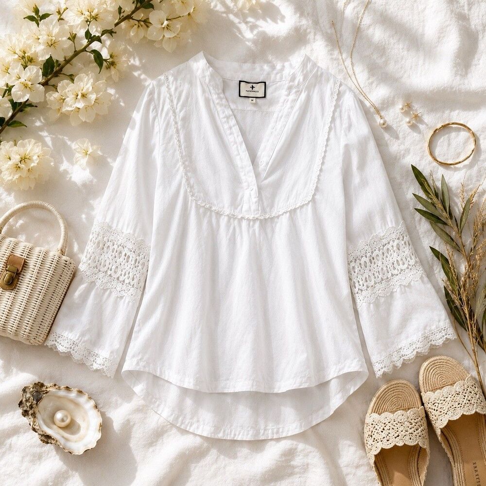 Tuckernuck White Cotton Lace Trim Bell Sleeve Blouse Coastal